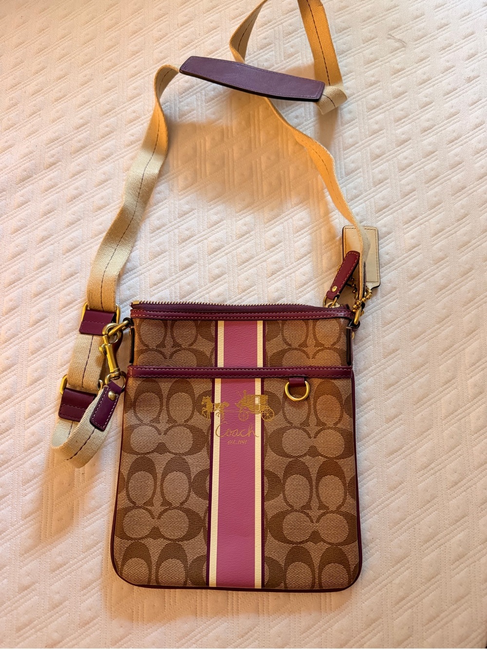 Coach Brown Canvas Crossbody with Pink Stripe Accents